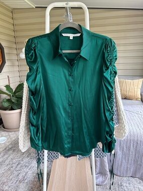 Veronica Beard Emerald Green Satin Ruched-Sleeve Button-Down Shirt